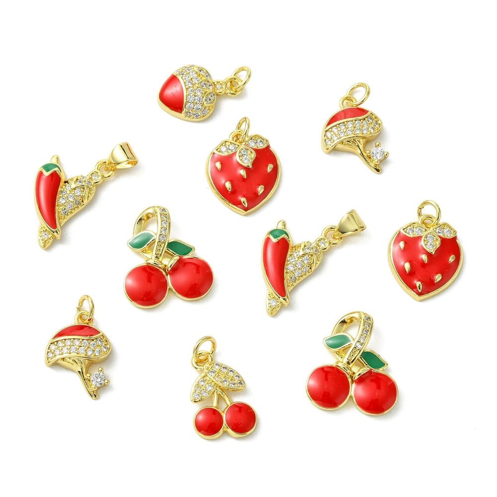 5099 12Pcs Micro Pave Cubic Zirconia Pendants Enamel Red Strawberry Cherry